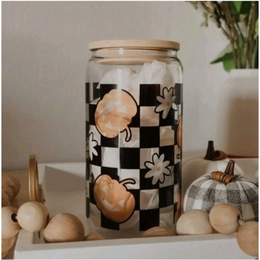 Beer Can Glass Halloween‎ Checkered Pumpkin Glass 16 Oz With Bamboo Lid NWT